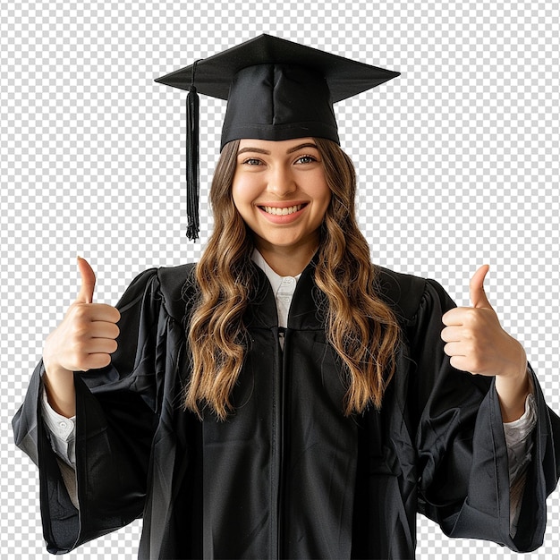 PSD mujer joven con gorra de graduación y vestido y dos pulgares hacia arriba aislados en un fondo transparente