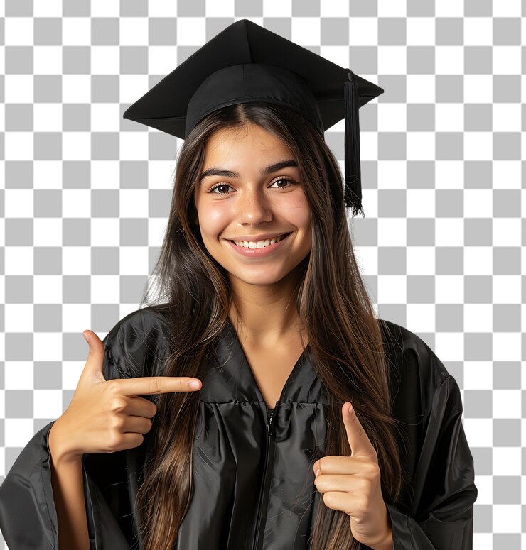 PSD mujer joven graduada universitaria con un fondo transparente
