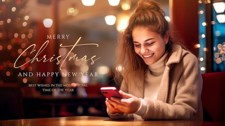 PSD mujer joven hablando por teléfono móvil y sonriendo en un interior acogedor durante la navidad con espacio para copiar