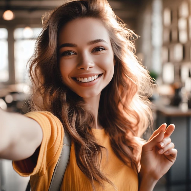 Una mujer joven se hace una selfie.