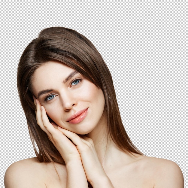 Mujer joven y hermosa desnuda con maquillaje natural sonriente Cosmetología y spa Tratamiento facial