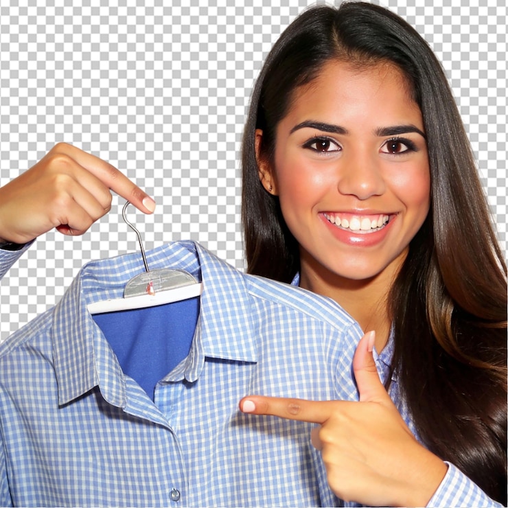 PSD mujer joven hispana señalando con la mano sobre un fondo transparente