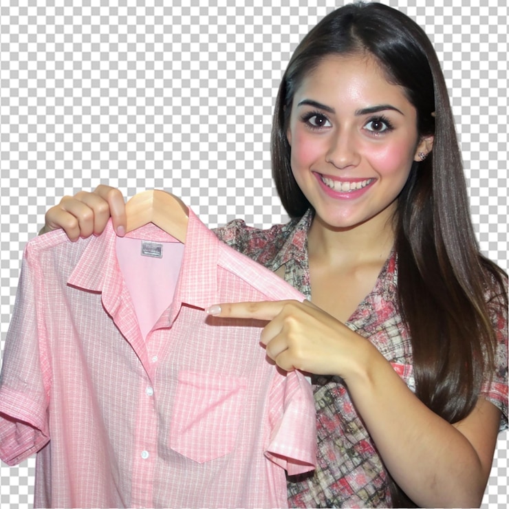PSD mujer joven hispana señalando con la mano sobre un fondo transparente