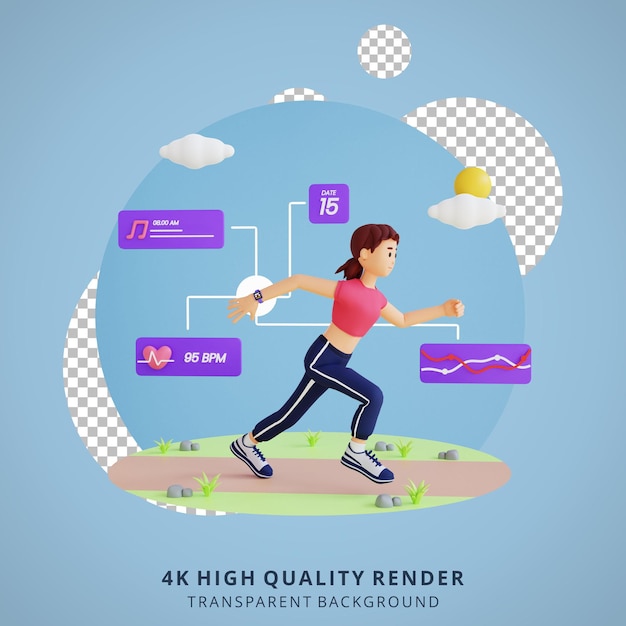 PSD mujer joven, jogging, 3d, carácter, ilustración