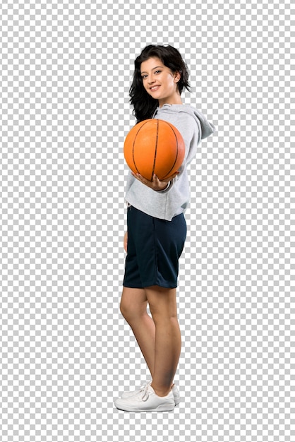 Mujer joven, juego, baloncesto