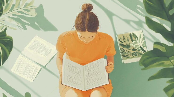 PSD mujer joven leyendo un libro rodeada de plantas vista de arriba hacia abajo atmósfera serena