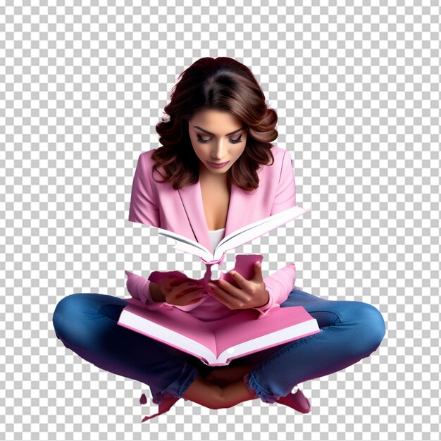 Mujer joven con un libro abierto aislada en un fondo de png