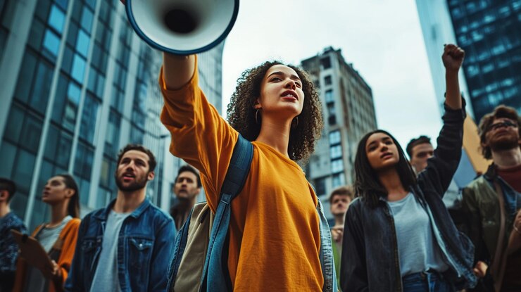 PSD mujer joven liderando una protesta en la ciudad sosteniendo un megáfono y dirigiéndose a una multitud de personas diversas