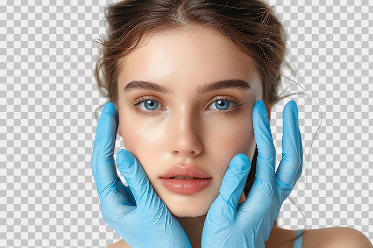 PSD mujer joven lista para la rinoplastia médico con guantes azules tocando su cara en un fondo transparente aislado