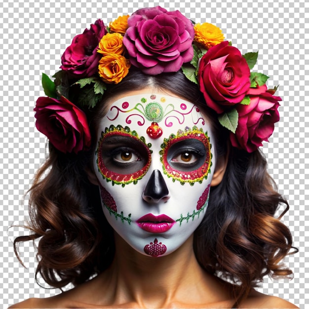 PSD mujer joven con maquillaje de cráneo de azúcar y flores