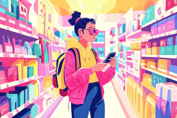 PSD mujer joven con mochila comprando en una tienda de conveniencia iluminada comprobando su teléfono inteligente