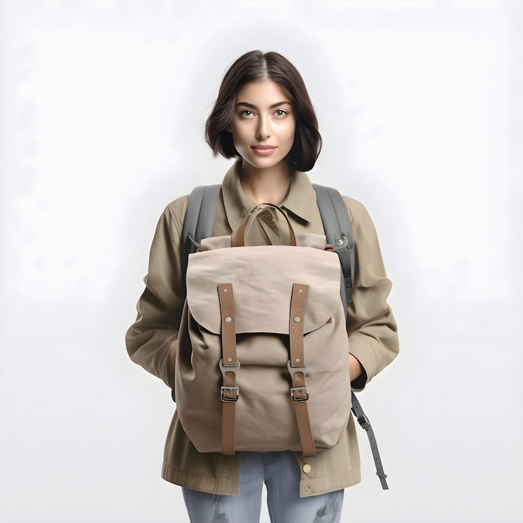 PSD mujer joven con mochila en un fondo claro concepto de regreso a la escuela