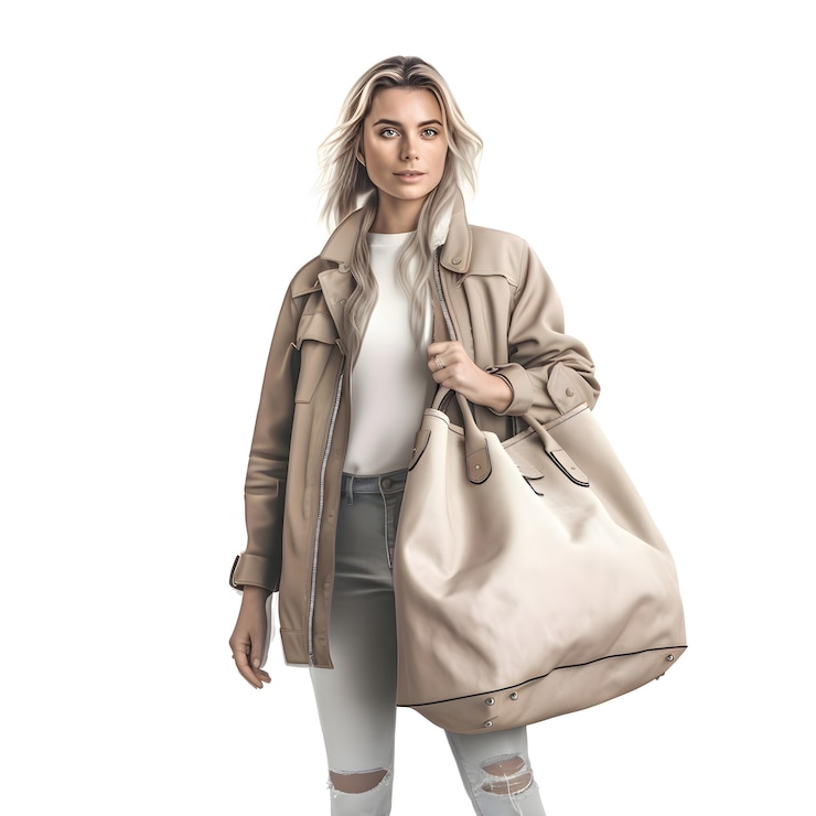 PSD mujer joven de moda con abrigo beige y vaqueros posando sobre un fondo blanco