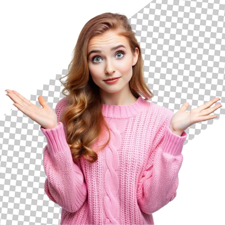 PSD mujer joven molesta y sin idea duda o tiene dudas se encoge de hombros extiende las manos hacia los lados vestida elegantemente
