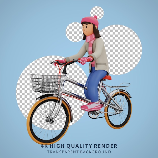 PSD mujer joven montando bicicleta ilustración de personaje de dibujos animados 3d