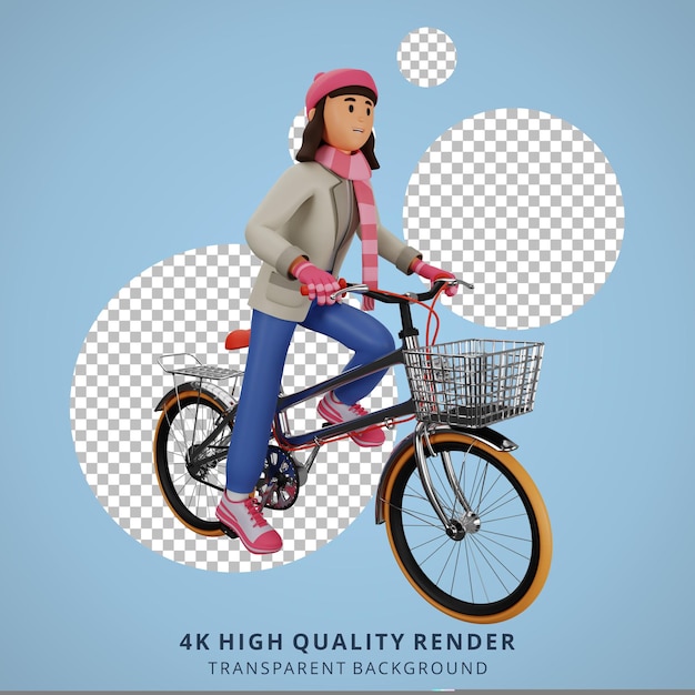 PSD mujer joven montando bicicleta ilustración de personaje de dibujos animados 3d