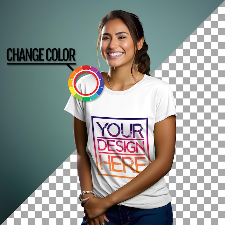PSD mujer joven nativa americana alegre posando anuncio de camiseta maqueta de camiseta feliz atractiva foto del producto