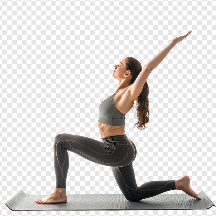 PSD mujer joven practicando yoga en una alfombra de yoga vista lateral de longitud completa aislada en fondo transparente psd
