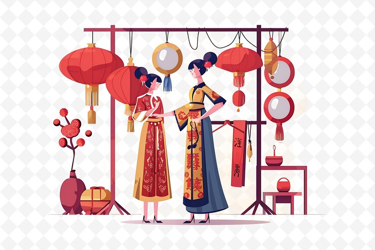 PSD una mujer joven probando ropa tradicional china es el tema de la ilustración del festival chino