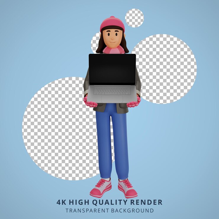PSD mujer joven que sostiene la ilustración del personaje de dibujos animados 3d de la computadora portátil
