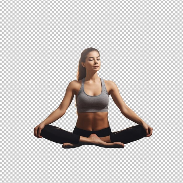 PSD mujer joven respirando y meditando con yoga