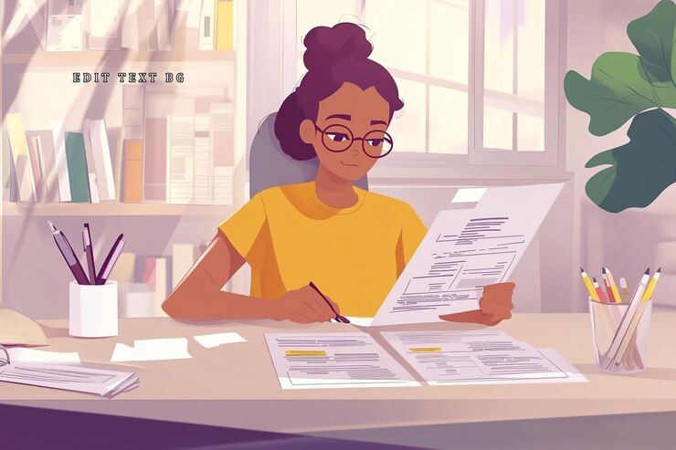 PSD mujer joven revisando documentos en su escritorio