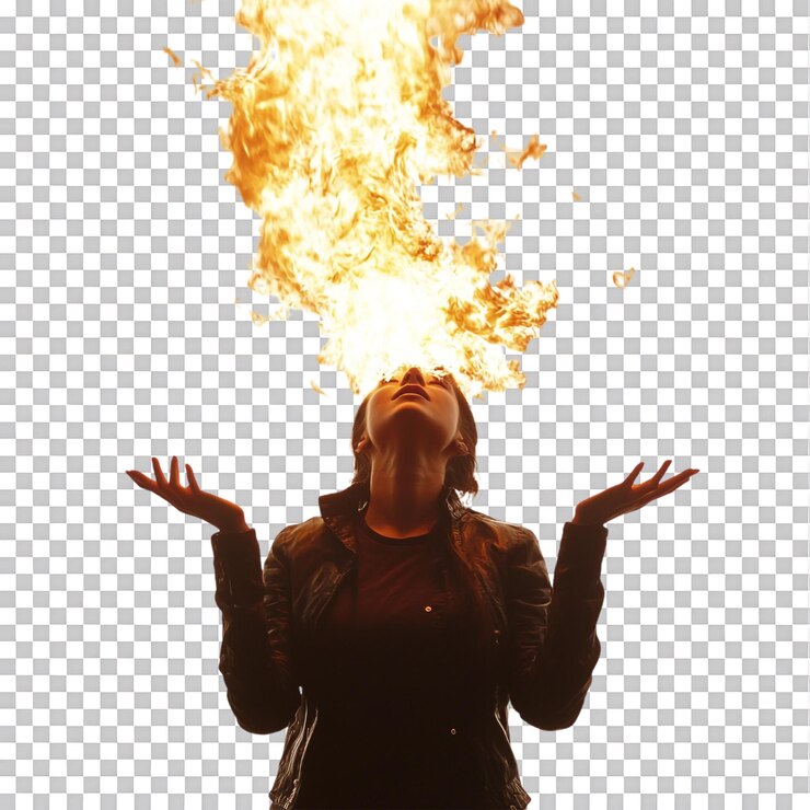 PSD mujer joven rodeada de fuego extendido contra un fondo transparente para escenas de acción intensa conciencia de seguridad o efectos visuales dinámicos