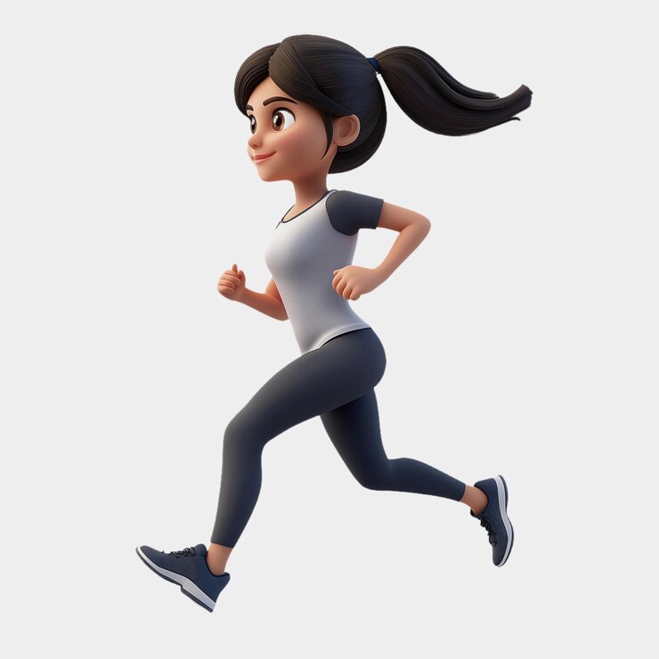 Mujer joven en ropa deportiva corre con mirada feliz Niña en ropa casual actividad física en 3D