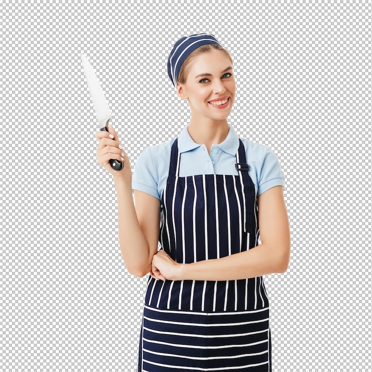 PSD una mujer joven sonriente cocina con un delantal a rayas y una gorra mirando felizmente a la cámara mientras sostiene un cuchillo en la mano sobre un fondo blanco