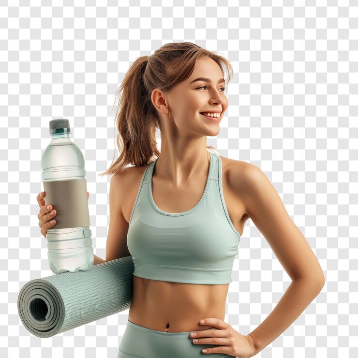 PSD mujer joven sonriente de pie mientras mira hacia otro lado sosteniendo una alfombra y una botella de agua concepto de yoga vista lateral aislado en fondo transparente