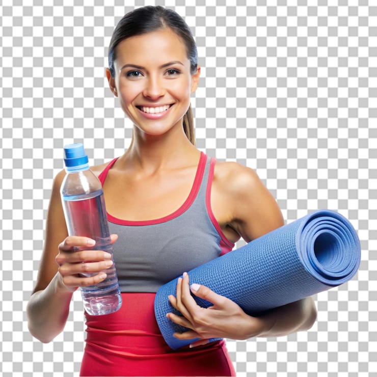 PSD mujer joven sonriente de pie mientras sostiene una alfombra y una botella de agua concepto de yoga aislado en un fondo transparente