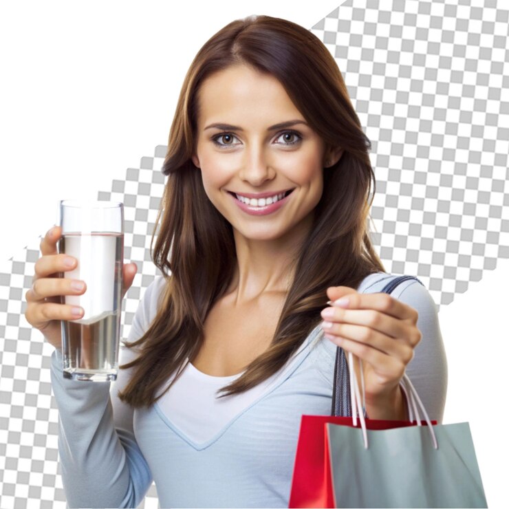 PSD mujer joven sonriente sentada con un vaso de martini en un fondo transparente