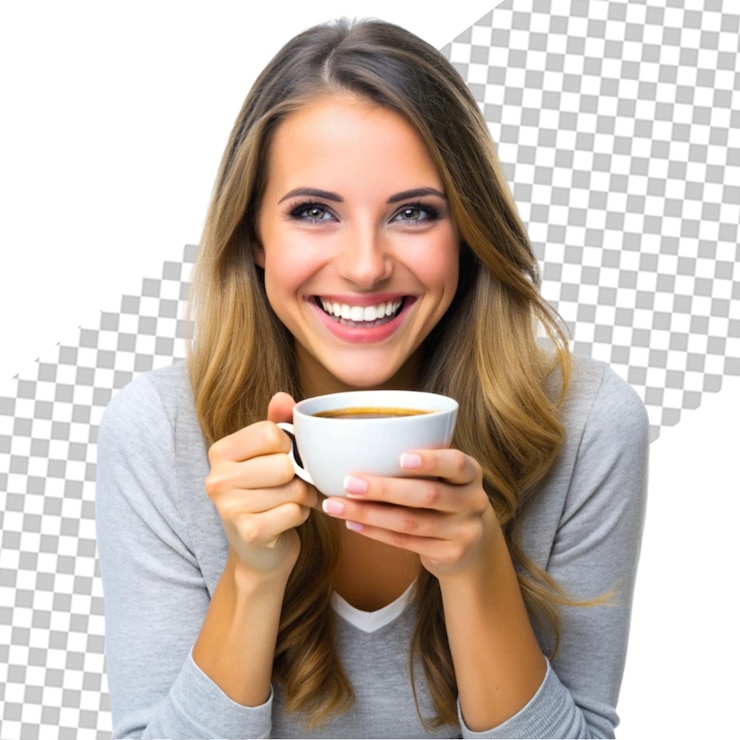 PSD mujer joven sonriente sentada con un vaso de martini en un fondo transparente