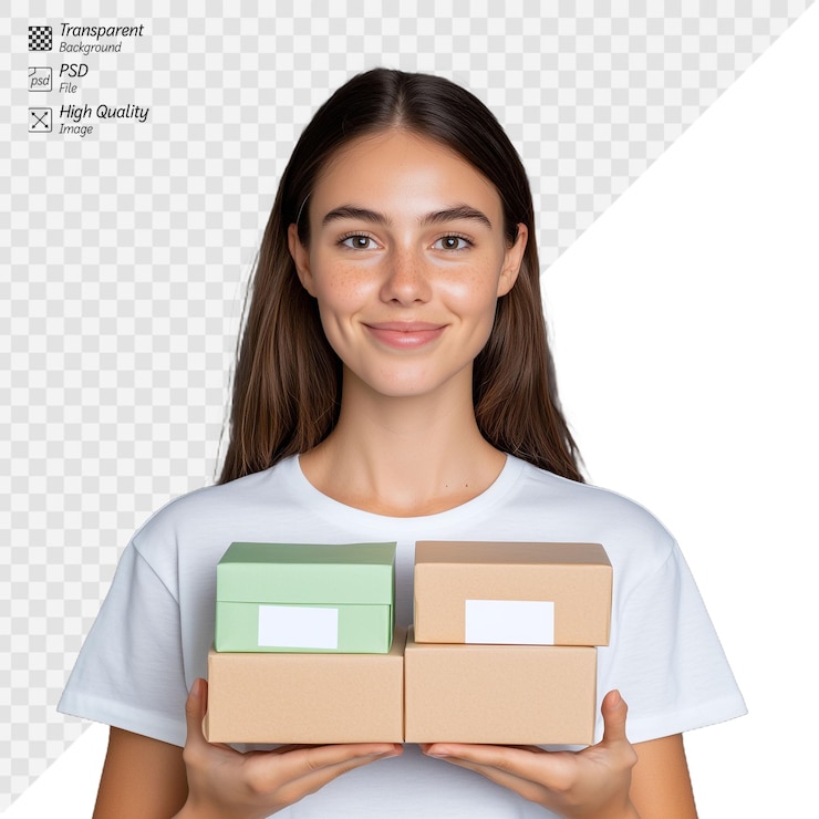 PSD mujer joven sonriente sosteniendo cajas de regalos en un fondo transparente que transmite alegría y anticipación perfecta para promociones de vacaciones, celebraciones de cumpleaños y temas de compras en línea