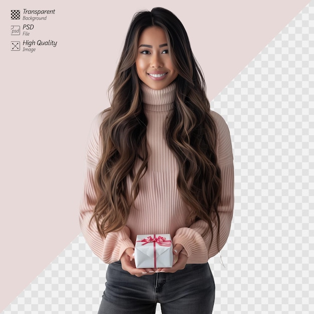 Mujer joven sonriente sosteniendo una pequeña caja de regalos