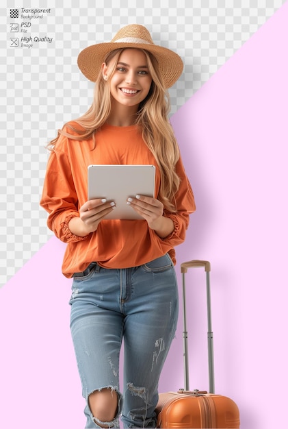Mujer joven sonriente con tableta y maleta en blanco