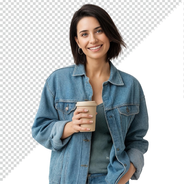 Mujer joven sosteniendo una taza de café y sonriendo