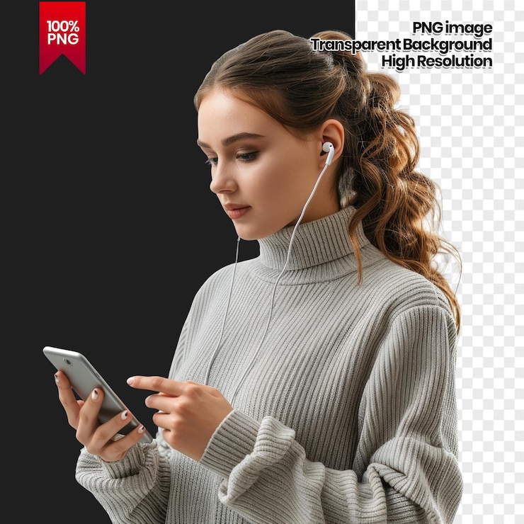 PSD mujer joven con suéter gris usando teléfono inteligente con auriculares