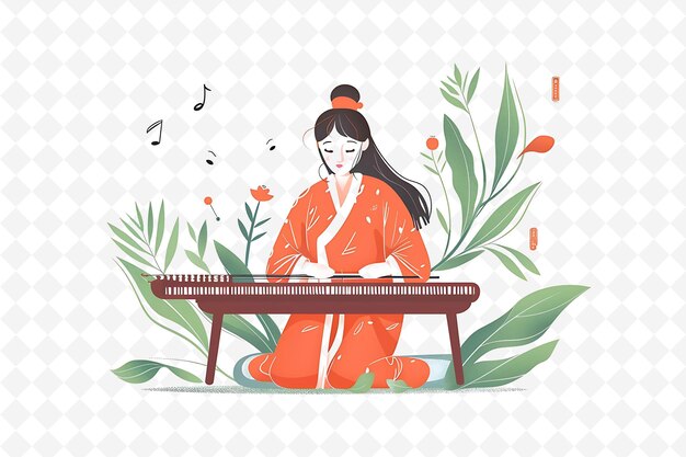 Mujer joven tocando un Guqin tradicional chino Diseño es Se Tema de ilustración del festival chino