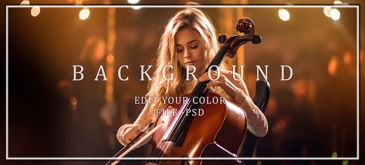 PSD mujer joven tocando el violonchelo bajo las cálidas luces del escenario