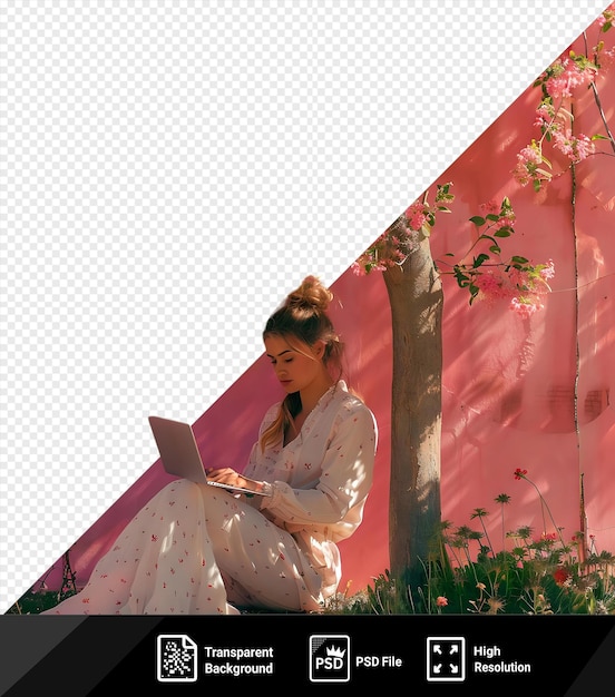 PSD una mujer joven única con una computadora portátil sentada bajo el árbol con una laptop png