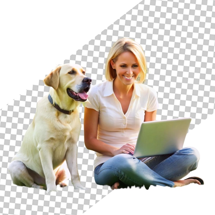 PSD mujer joven usando una computadora portátil sentada en la mesa con un perro en casa
