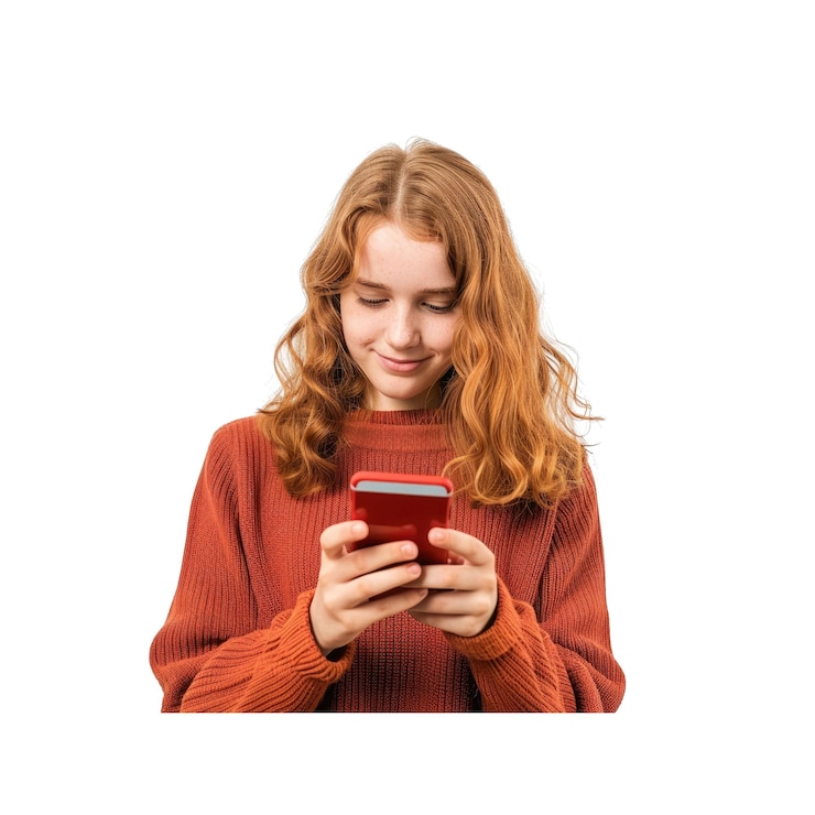 PSD una mujer joven usando su teléfono foto de archivo