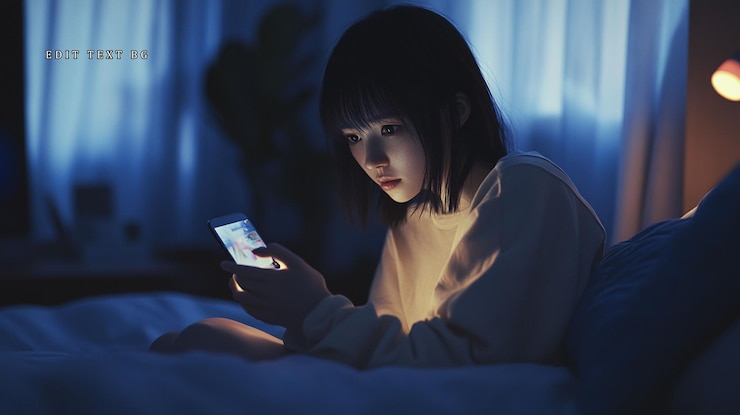 PSD mujer joven usando teléfono inteligente en la cama por la noche 1