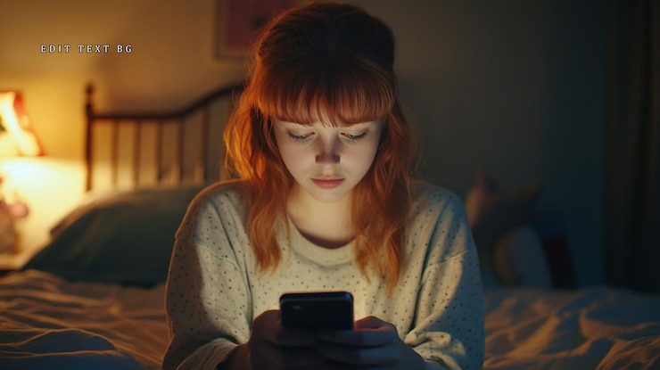 PSD mujer joven usando teléfono inteligente en la cama por la noche