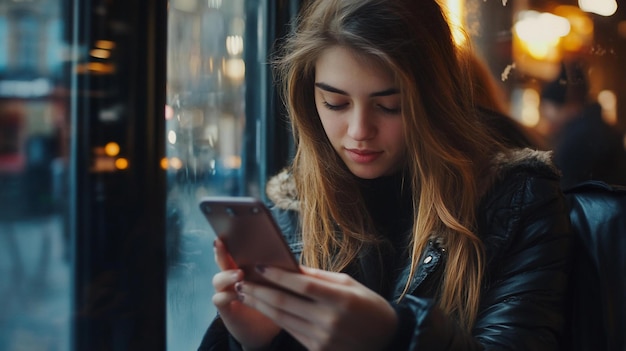 mujer joven, utilizar, smartphone, en, café
