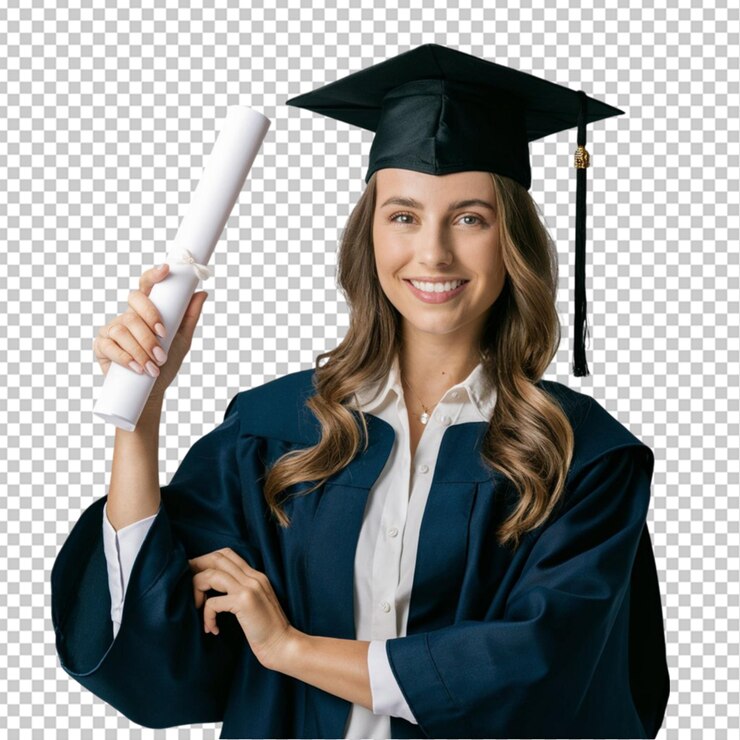 PSD mujer joven con vestido de graduación y gorra sosteniendo un diploma aislado en un fondo transparente