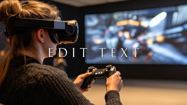 Mujer juega a un videojuego de realidad virtual inmersiva