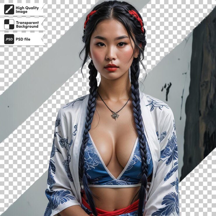 PSD una mujer en un kimono con un kimono azul y blanco en la cabeza
