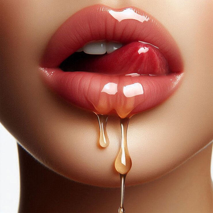 PSD una mujer con un labio rojo y una gota de líquido goteando por sus labios